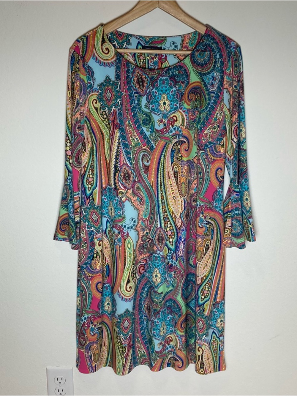 Tommy Hilfiger Dress Womens 16 Multicolor Paisley Bell Sleeve Stretch Boho Retr